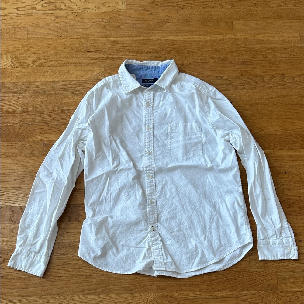 Nautica White Casual Button Down Classic Fit Stretch Mens Shirt - Large